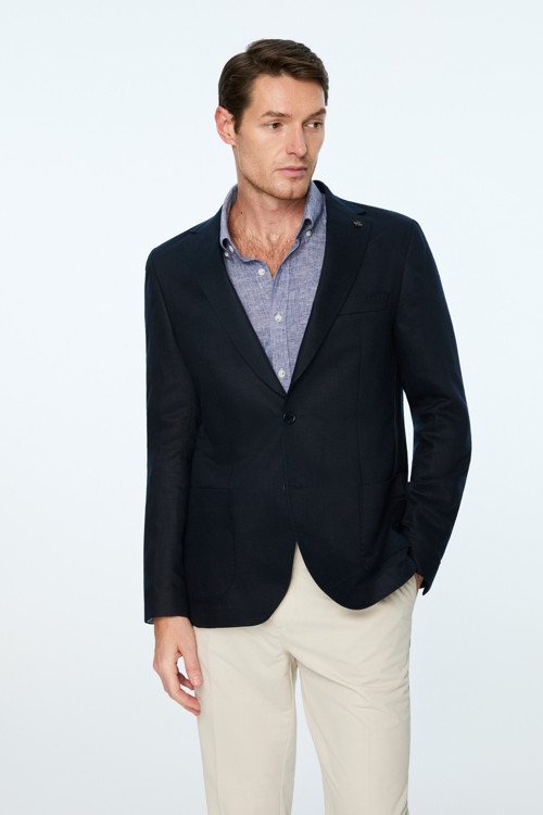 Erkek Lacivert Dokuma Trend Düz Slim Fit Mono Yaka Ceket