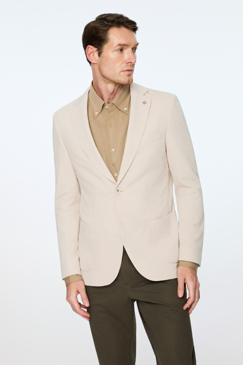 Erkek Bej Poliviskon Trend Desenli Slim Fit Mono Yaka Ceket