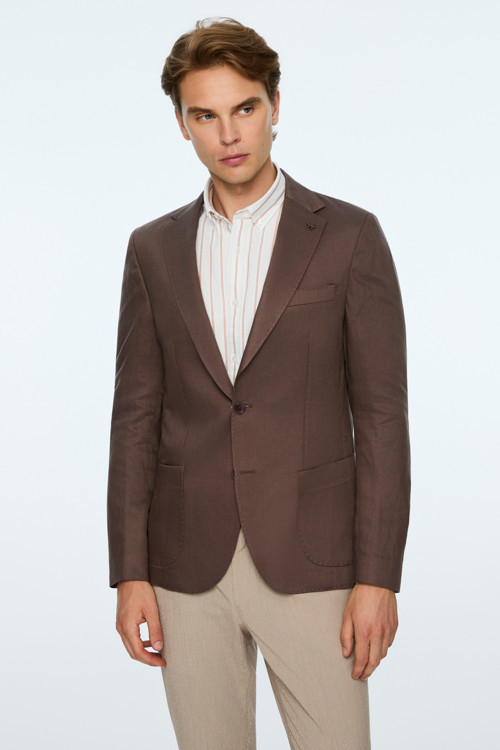 Erkek KAHVE Dokuma Trend Düz Slim Fit Mono Yaka Ceket