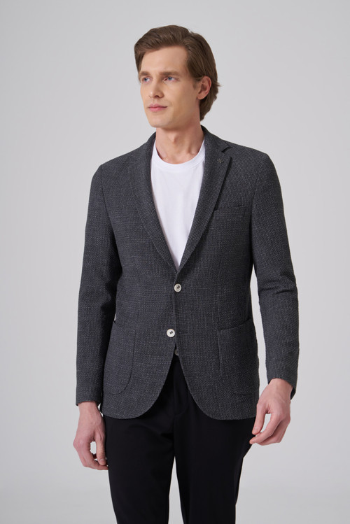 Erkek Siyah Polyester Trend Desenli Slim Fit Ceket