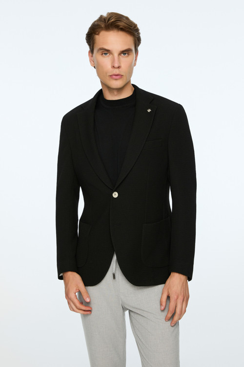 Erkek Siyah Poliviskon Trend Desenli Slim Fit Ceket