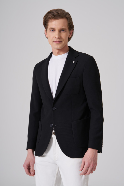 Erkek Siyah Örme Trend Slim Fit Mono Yaka Ceket
