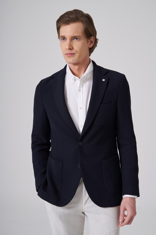 Erkek Lacivert Örme Trend Slim Fit Mono Yaka Ceket