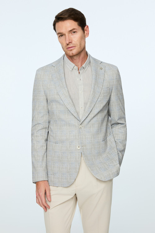 Erkek Yeşil Polyester Trend Ekoseli Slim Fit Ceket