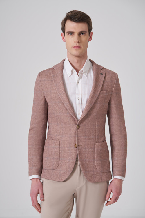 Erkek Bej Örme Trend Kareli Slim Fit Mono Yaka Ceket