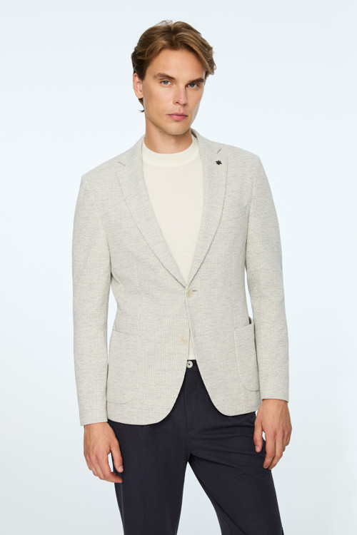 Erkek Gri Örme Trend Çizgili Slim Fit Mono Yaka Ceket