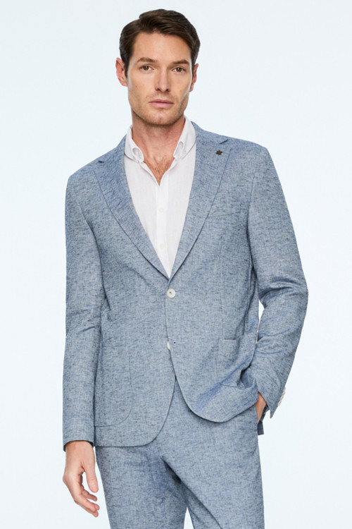 Erkek Lacivert Keten Trend Desenli Slim Fit Mono Yaka Ceket