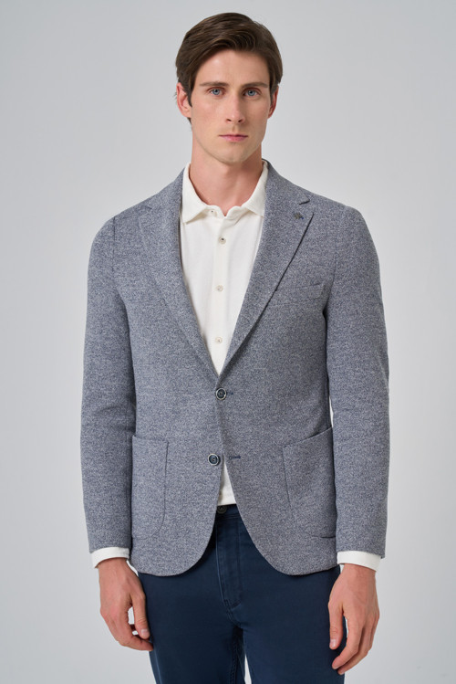 Erkek Lacivert Örme Trend Desenli Slim Fit Mono Yaka Ceket