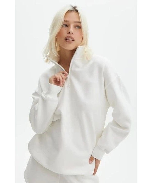 Unisex Uzun Kol Yarım Farmuarlı Yakalı Basic SweatShirt - Beyaz