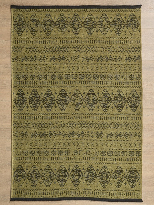 Bohem Tarz Dekoratif Pamuk Taban Şönil Kilim Yeşil Renk Halı