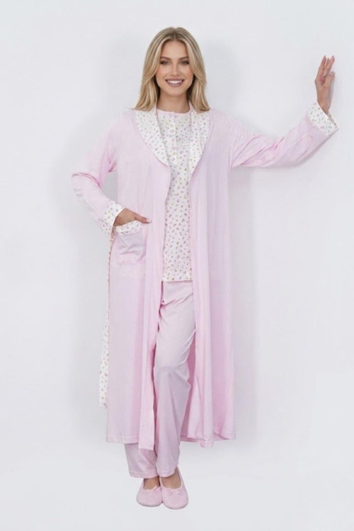 Mecit 6397 Pembe Kadın Uzun Sabahlıklı Pijama Takımı
