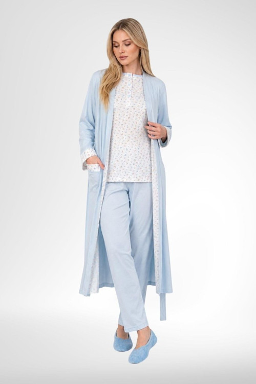 Mecit 6397 Mavi Kadın Uzun Sabahlıklı Pijama Takımı