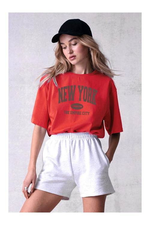 Pamuklu New York Baskılı Oversize T-Shirt