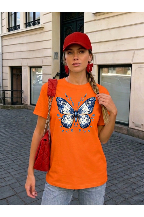 Unisex Desenli Kelebek Baskılı Tasarım Tshirt