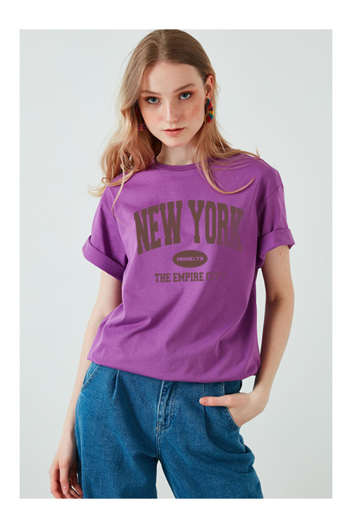 Pamuklu New York Baskılı Oversize T-Shirt