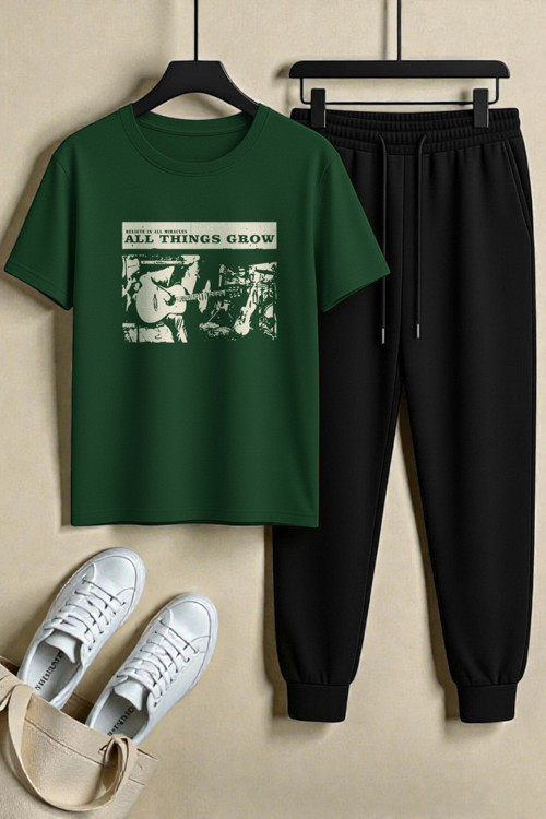 Unisex All Things Grow Tasarım Baskılı Tshirt - 2'Li Eşofman Takımı