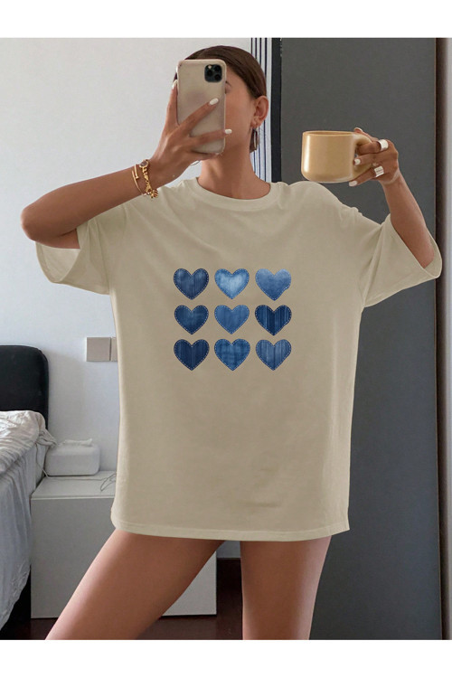 Unisex Jean Desenli Kalp Tasarım Basklı Tshirt