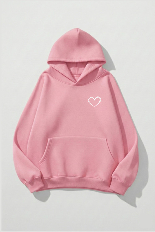Unisex Yumuşak Dokulu Cep Kalp Baskılı Tasarım Oversize 3 İplik Hoodie Sweatshirt