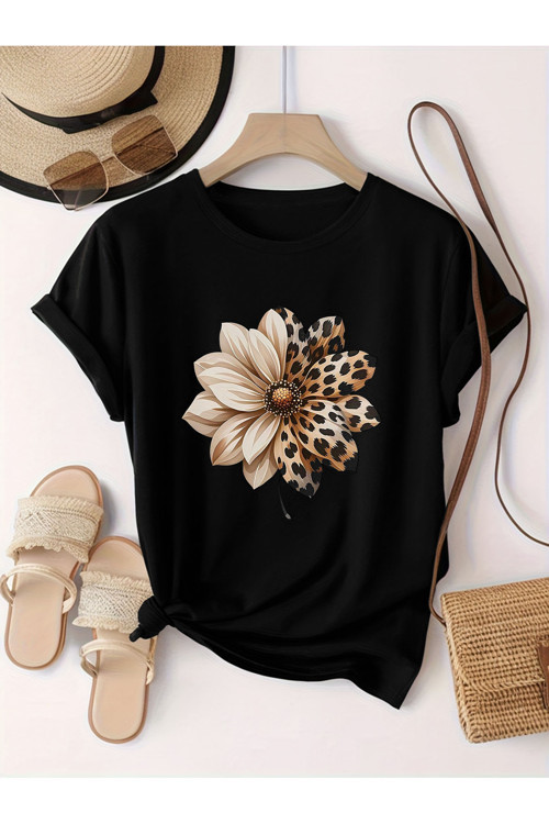 Unisex Leopar Desenli Papatya Baskılı Tasarım Tshirt
