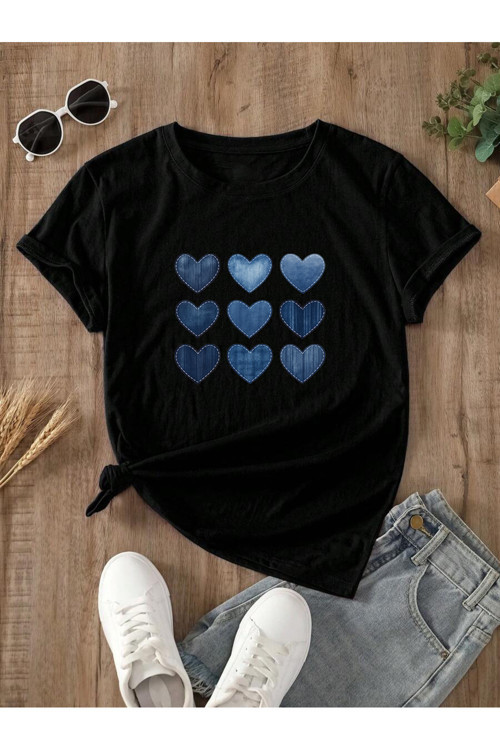 Unisex Jean Desenli Kalp Tasarım Basklı Tshirt