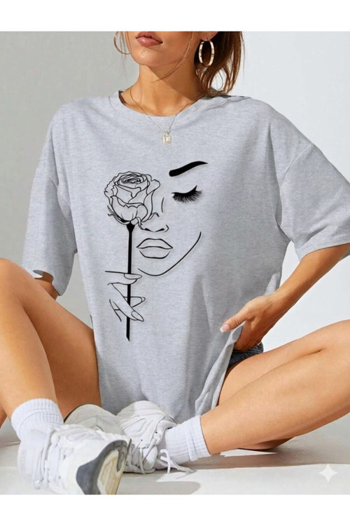 Unisex Gül & Siluet Baskılı Tasarım Tshirt