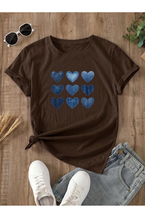 Unisex Jean Desenli Kalp Tasarım Basklı Tshirt