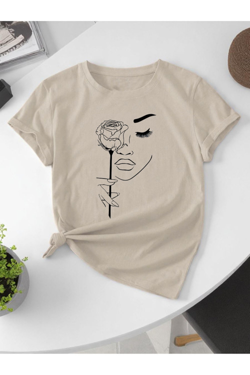 Unisex Gül & Siluet Baskılı Tasarım Tshirt