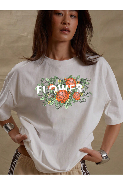 Unisex Flowers Çiçek Tasarım Basklı Tshirt