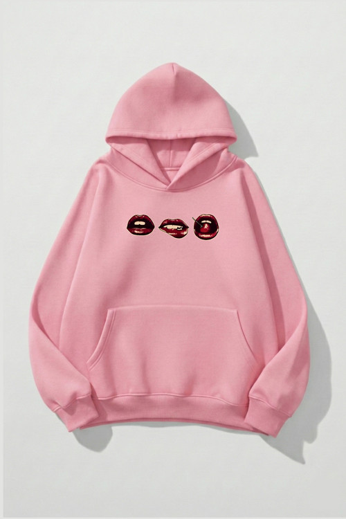 Unisex Yumuşak Dokulu 3'Lü Dudak Baskılı Tasarım Oversize 3 İplik Hoodie Sweatshirt