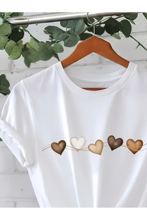 Unisex Sıralı Kalpler Baskılı Tasarım Tshirt