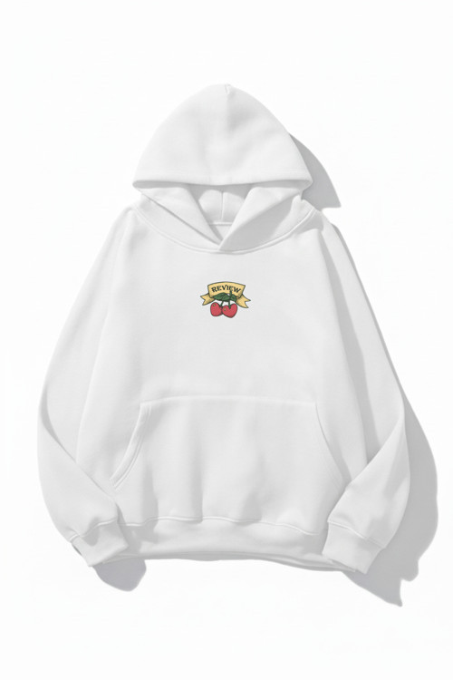 Unisex Yumuşak Dokulu Review Cherry Baskılı Tasarım Oversize 3 İplik Hoodie Sweatshirt