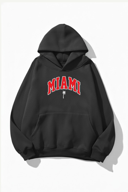 Unisex Yumuşak Dokulu Miami Baskılı Tasarım Oversize 3 İplik Hoodie Sweatshirt