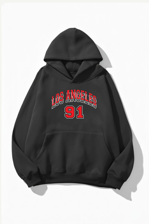 Unisex Yumuşak Dokulu Los Angeles 91 Baskılı Tasarım Oversize 3 İplik Hoodie Sweatshirt