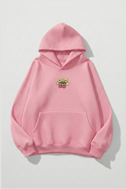 Unisex Yumuşak Dokulu Review Cherry Baskılı Tasarım Oversize 3 İplik Hoodie Sweatshirt