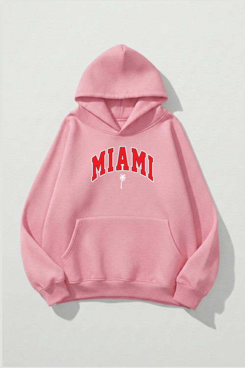 Unisex Yumuşak Dokulu Miami Baskılı Tasarım Oversize 3 İplik Hoodie Sweatshirt