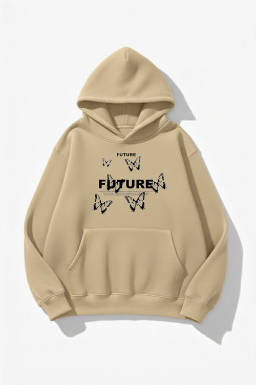 Unisex Yumuşak Dokulu Future Butterfly Baskılı Tasarım Oversize 3 İplik Hoodie Sweatshirt