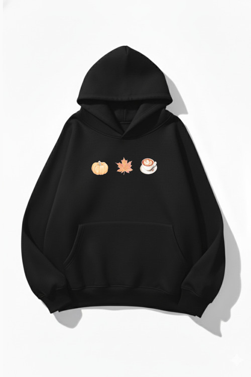 Unisex Yumuşak Dokulu Pumpkin Spice & Cozy Vibes Baskılı Tasarım Oversize 3 İplik Hoodie Sweatshirt