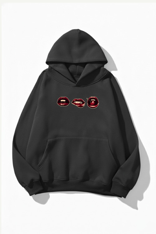 Unisex Yumuşak Dokulu 3'Lü Dudak Baskılı Tasarım Oversize 3 İplik Hoodie Sweatshirt