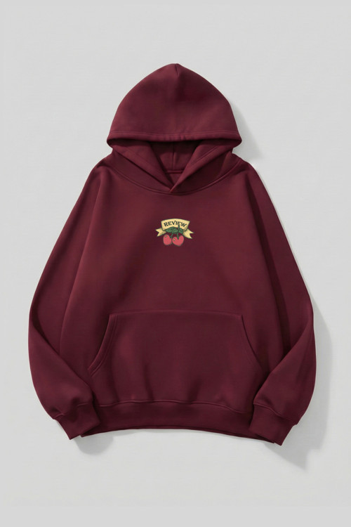 Unisex Yumuşak Dokulu Review Cherry Baskılı Tasarım Oversize 3 İplik Hoodie Sweatshirt