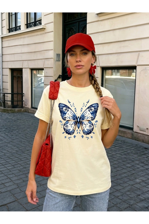 Unisex Desenli Kelebek Baskılı Tasarım Tshirt