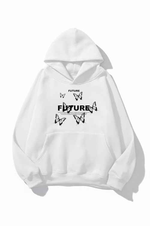 Unisex Yumuşak Dokulu Future Butterfly Baskılı Tasarım Oversize 3 İplik Hoodie Sweatshirt