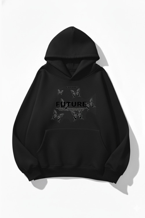 Unisex Yumuşak Dokulu Future Butterfly Baskılı Tasarım Oversize 3 İplik Hoodie Sweatshirt