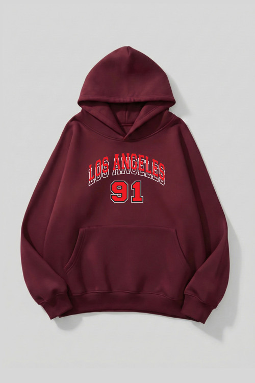 Unisex Yumuşak Dokulu Los Angeles 91 Baskılı Tasarım Oversize 3 İplik Hoodie Sweatshirt