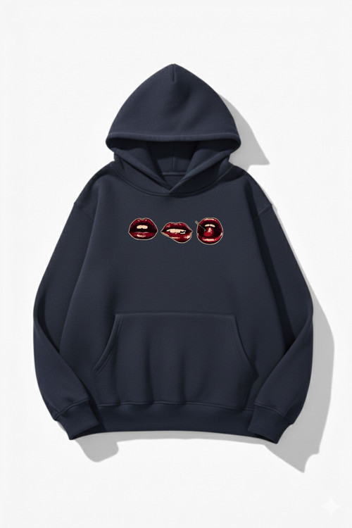 Unisex Yumuşak Dokulu 3'Lü Dudak Baskılı Tasarım Oversize 3 İplik Hoodie Sweatshirt
