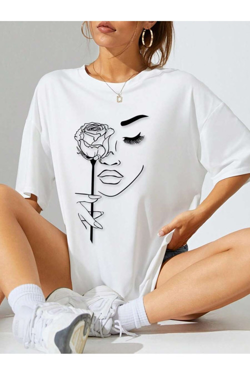 Unisex Gül & Siluet Baskılı Tasarım Tshirt