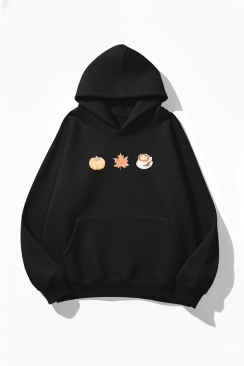 Unisex Yumuşak Dokulu Pumpkin Spice & Cozy Vibes Baskılı Tasarım Oversize 3 İplik Hoodie Sweatshirt
