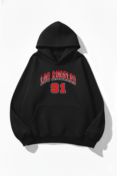 Unisex Yumuşak Dokulu Los Angeles 91 Baskılı Tasarım Oversize 3 İplik Hoodie Sweatshirt