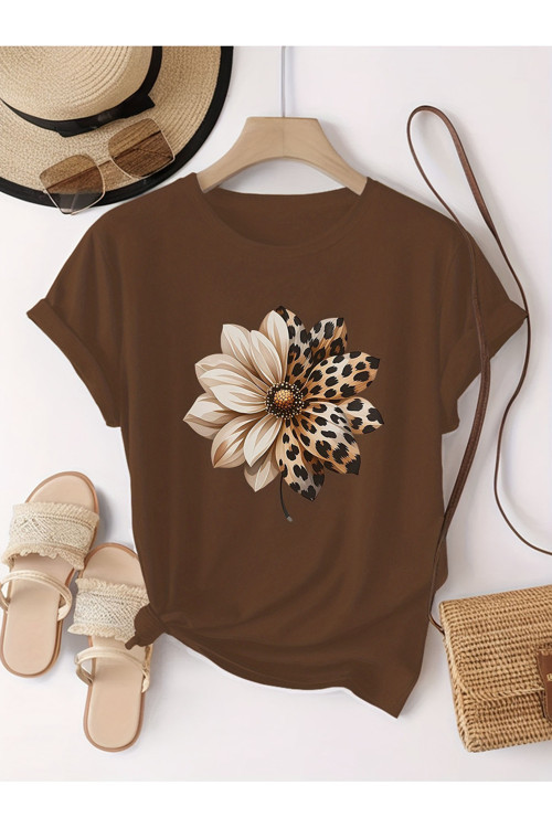 Unisex Leopar Desenli Papatya Baskılı Tasarım Tshirt