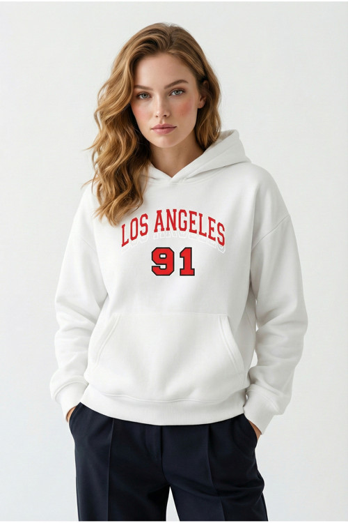 Unisex Yumuşak Dokulu Los Angeles 91 Baskılı Tasarım Oversize 3 İplik Hoodie Sweatshirt