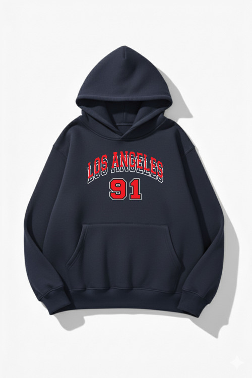 Unisex Yumuşak Dokulu Los Angeles 91 Baskılı Tasarım Oversize 3 İplik Hoodie Sweatshirt